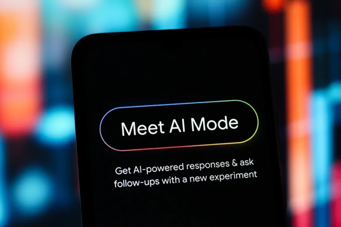 In this photo illustration, the Google Meet AI Mode logo is seen displayed on a smartphone screen.